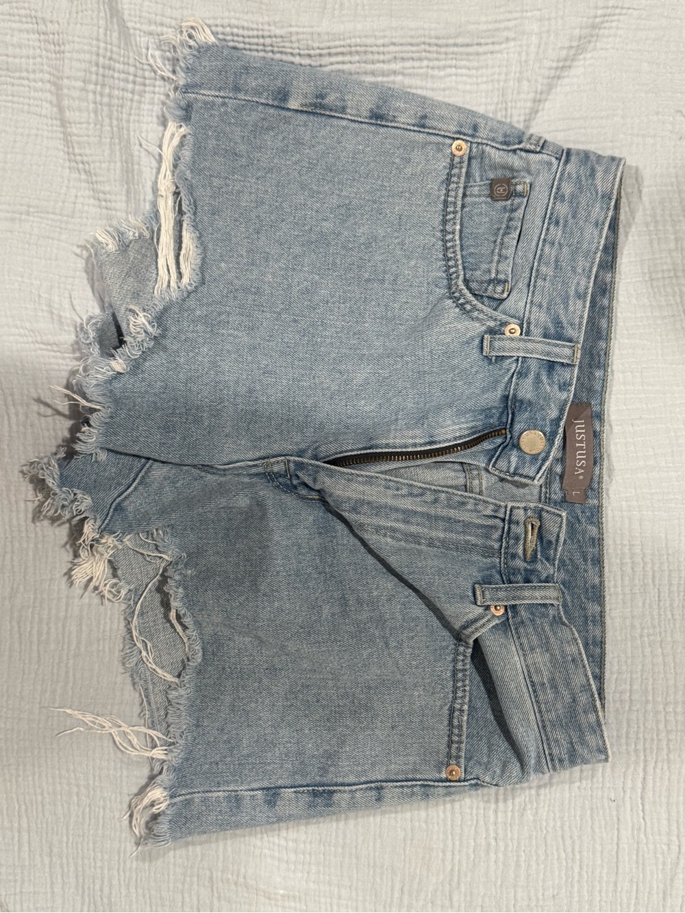 Just USA Washed Blue High-Rise Frayed Denim Shorts